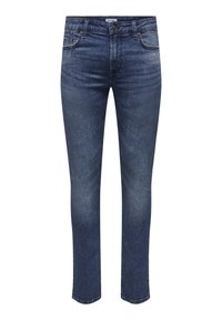 Tmavě modré dž�ínové kalhoty slim fit s tradičním pětipocket designem, zapínáním na knoflík a jemným vyblednutím na stehnech.