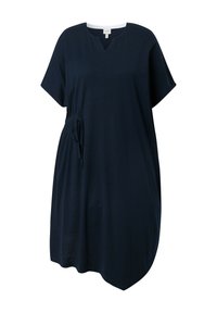 Marineblaues Kurzarmkleid mit V-Ausschnitt und verstellbarem Taillen-Kordelzug, lockerem Sitz und asymmetrischem Saum.