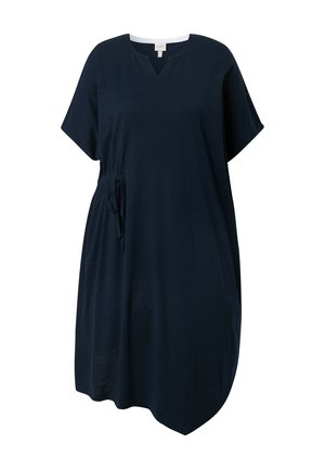 Tummansininen lyhythihainen mekko, jossa V-aukko ja säädettävä vyötärönnyöri, löysä istuvuus ja epäsymmetrinen helma.