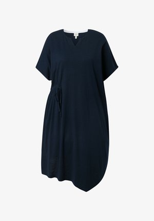 Granatowa sukienka z krótkim rękawem, dekoltem w serek i regulowanym taliowaniem na sznurek, luźnym krojem i asymetrycznym dołem.