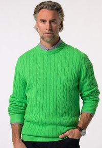 Zelený svetr s pleteným vzorem, dlouhými rukávy a kulatým výstřihem. Má vroubkované manžety a lem, navrstvený přes kostkovanou košili.