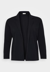 Černý pletený blazer s dlouhými rukávy, otevřeným předním designem, klopovým límcem a hladkou texturou. Bez zapínání. Lehký a univerzální.