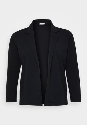 Černý pletený blazer s dlouhými rukávy, otevřeným předním designem, klopovým límcem a hladkou texturou. Bez zapínání. Lehký a univerzální.
