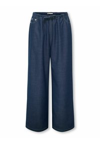 Široke temno modre jeans hlače z vrvico v pasu, sprednjimi žepi in kontrastnim šivanjem. Mehka struktura in sproščen kroj.