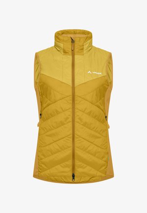 Gelbe isolierte Weste mit hohem Kragen, Reißverschluss und Zickzack-gestepptem Design. Verfügt über Seitentaschen und einen kontrastierenden Saum.
