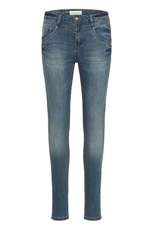 Jean skinny en denim bleu avec des détails délavés, bouton à l’avant, passants de ceinture et cinq poches, étiqueté Cream à la taille.