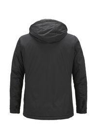 Schwarze isolierte Jacke mit Kapuze, glatter Textur, langen Ärmeln und knöpfbaren Manschetten. Einfaches, funktionales Design ohne sichtbare Muster.