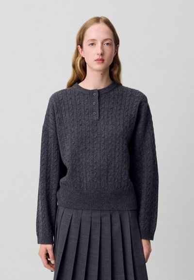 Maglione grigio scuro a maglia con collo alto, patta con tre bottoni e orlo a coste, indossato su una gonna plissè. Texture liscia.