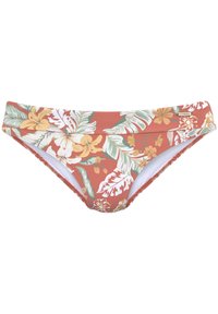 Bikini onderkant in terracotta met een tropisch bloemenpatroon. Heeft een hoge tailleband en een zachte binnenvoering voor comfort.