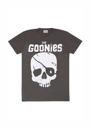 Šedé bavlněné tričko s výrazným bílým grafickým motivem lebky se prasklinami a textem "THE GOONIES" nahoře v tučných velkých písmenech.