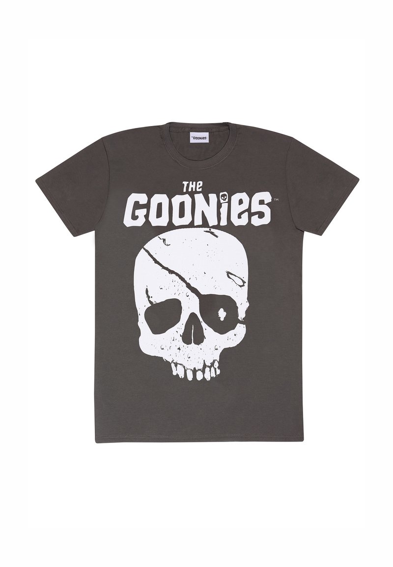 Grijze katoenen t-shirt met een opvallende witte schedelafbeelding met scheuren en de tekst "THE GOONIES" erboven in vette, hoofdletters.
