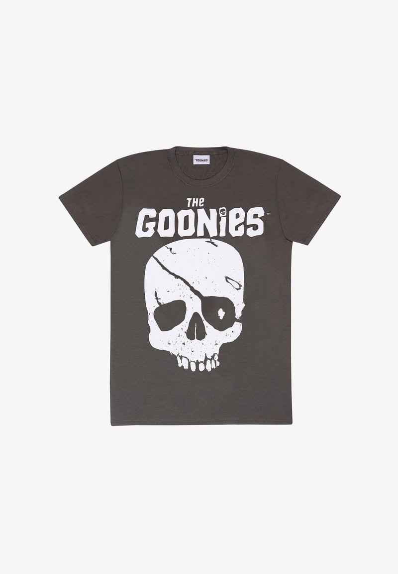 Szara bawełniana koszulka z wyraźnym białym nadrukiem czaszki z pęknięciami oraz tekstem "THE GOONIES" powyżej w pogrubionych, wielkich literach.
