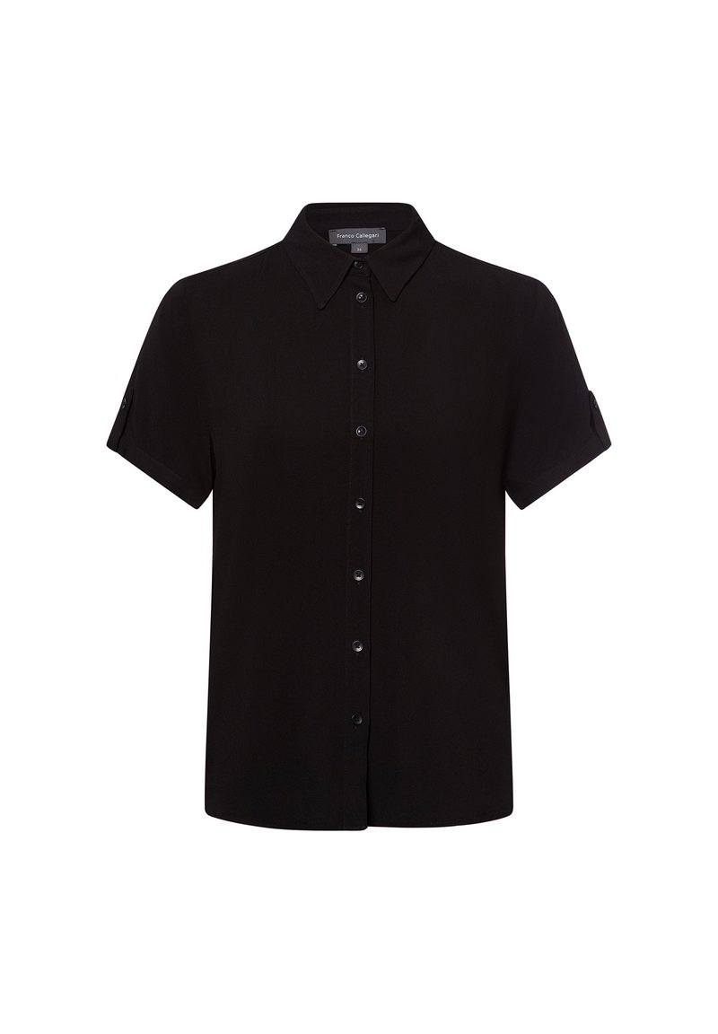 Schwarze kurzärmlige Button-Down-Bluse mit spitzem Kragen und hochgerollten Ärmeln, aus glattem Stoff mit einem dezenten Glanz.