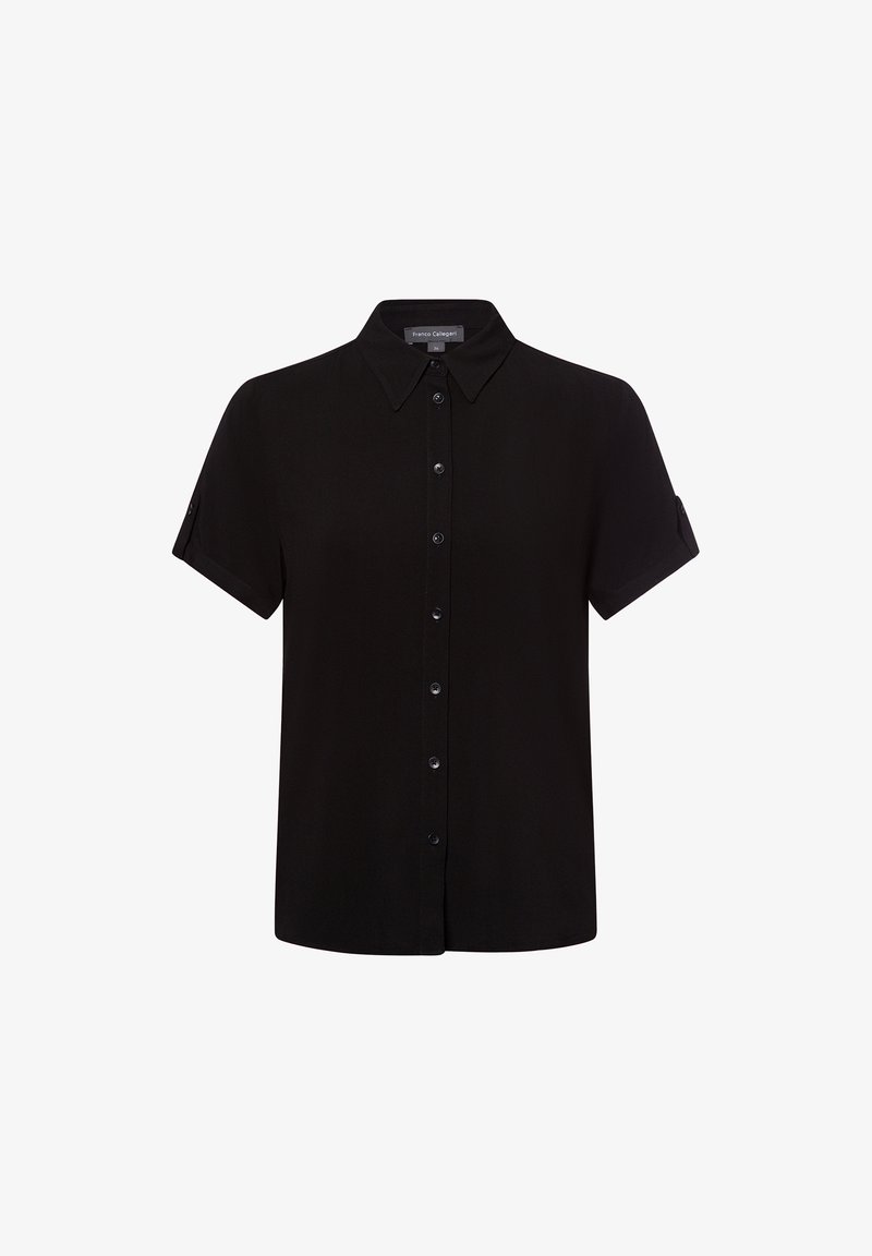 Black short-sleeve button-up shirt with a pointed collar and roll-up sleeves, made of smooth fabric with a subtle sheen.
