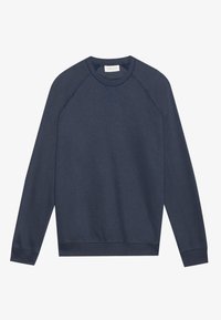 Marineblauwe crewneck sweatshirt met lange raglanmouwen, ribgebreide boorden, zoom en kraag, voorzien van een kleine geborduurde "X"-details onder de halslijn.