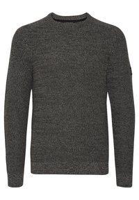 Dark gray knit sweater, crew neckline, long sleeves, textured pattern, ribbed cuffs and hem, small logo detail on left sleeve.