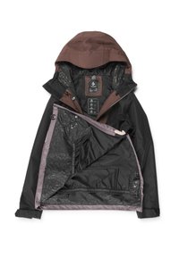 Schwarze und braune wasserdichte Jacke mit Kapuze, gemusterter Futter, Reißverschluss und inneren Netzfächern; verfügt über kontrastierende Stoffakzente.
