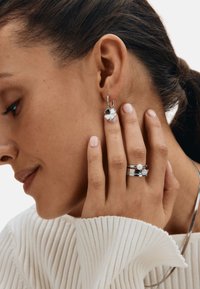 Hõbedast neljalehelise ristikheina kujulised kõrvarõngad koos virnastatud hõbedasõrmustega, millel on pärl ja selged vääriskivide aktsendid.