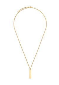 Collana dorata con una catena fine e un pendente rettangolare verticale. Il pendente presenta una superficie liscia e lucida.