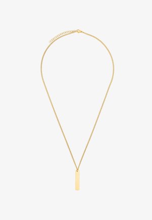 Gouden ketting met een fijne schakel en een verticale rechthoekige hanger. De hanger heeft een gladde, gepolijste oppervlakte.