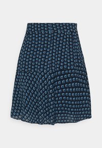 Zwarte en blauwe gestippelde rok met een geometrisch ontwerp, gemaakt van lichtgewicht stof en een elastische tailleband voor comfortabel draagcomfort.