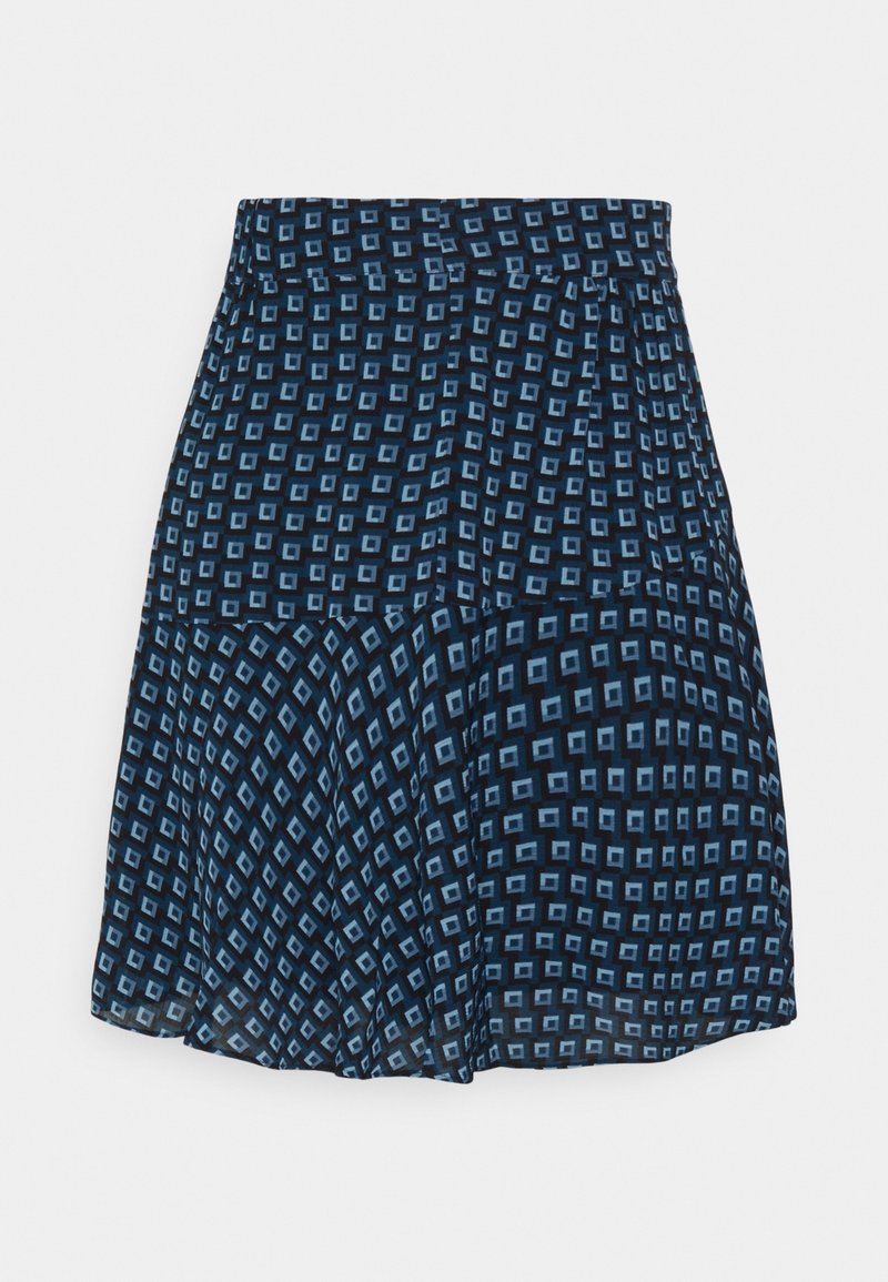 Zwarte en blauwe gestippelde rok met een geometrisch ontwerp, gemaakt van lichtgewicht stof en een elastische tailleband voor comfortabel draagcomfort.
