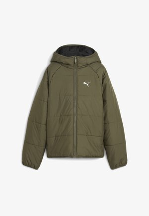 Oliwkowa pikowana kurtka z kapturem, suwakiem z przodu, długimi rękawami oraz białym logo Puma na lewej piersi.