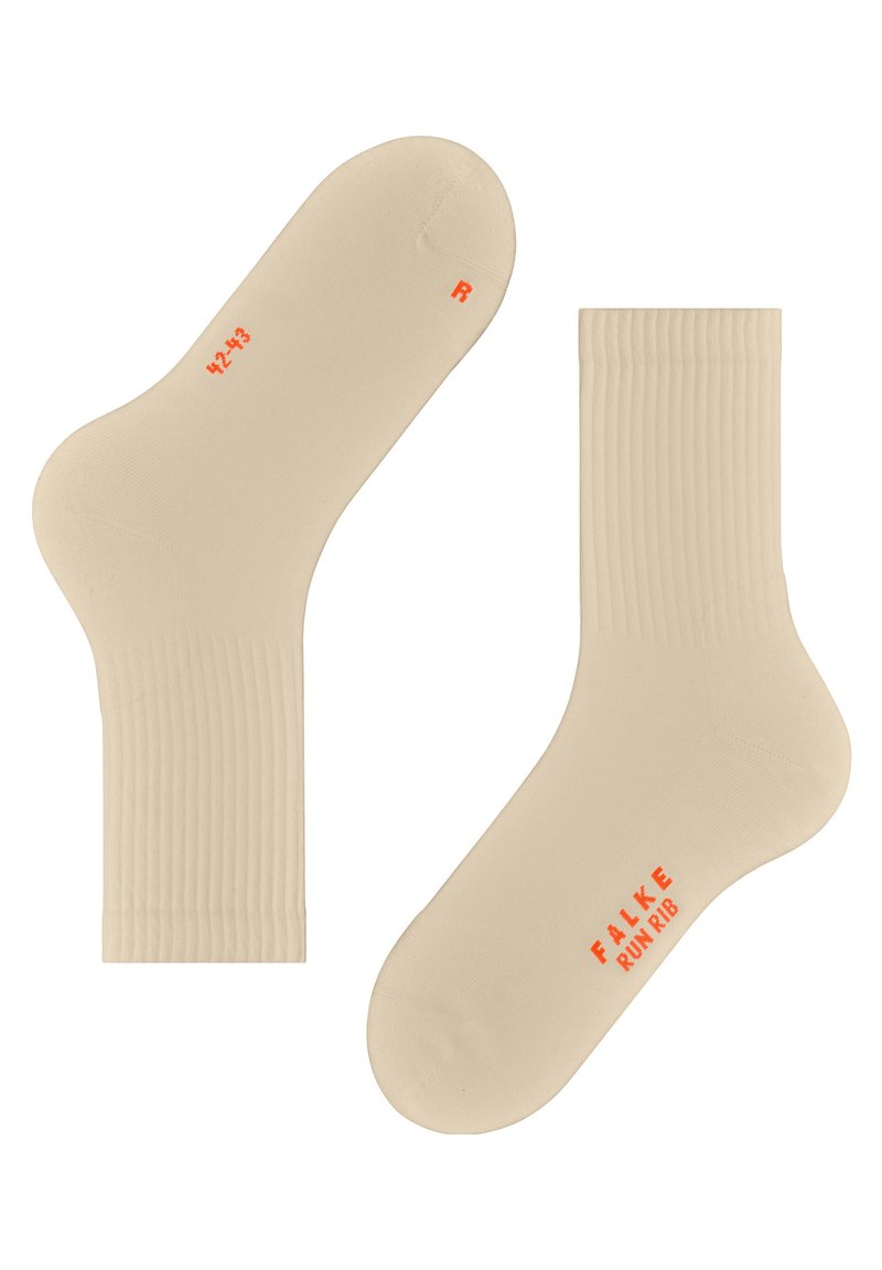 Beige Knöchelsocken mit gerippter Textur. Mit orangefarbenem Text, der Größe und Marke angibt, aus einem glatten, weichen Material.