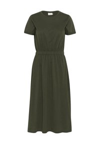 Olivgrön klänning i knälängd gjord av mjukt tyg. Har korta ärmar, rund halsringning och ett elastiskt midjeband för en avslappnad passform.