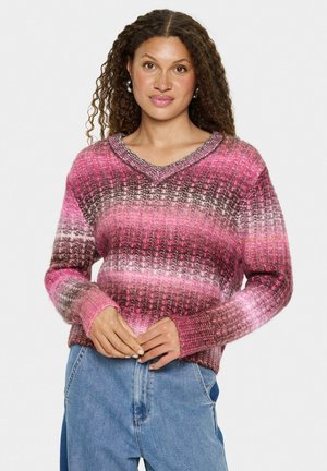 Knit sweater with a V-neck, featuring multicolored pink and brown stripes, ribbed cuffs, and a textured finish.