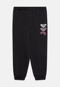 Svarta träningsbyxor med elastiskt midjeband, elastiska ärmslut och en grafisk design med hjärtan och text, inklusive "Roxy" i rosa.