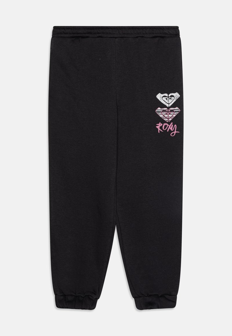 Svarta träningsbyxor med elastiskt midjeband, elastiska ärmslut och en grafisk design med hjärtan och text, inklusive "Roxy" i rosa.