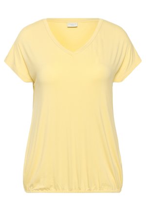 Rumena kratka majica z V-izrezom, izdelana iz mehkega materiala z nabranim robom za sproščen fit. Gladka tekstura in preprost dizajn.