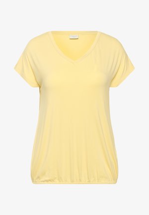 Žluté tričko s krátkým rukávem ve tvaru V vyrobené z měkkého materiálu, s nařaseným lemem pro uvolněný střih. Hladká textura a jednoduchý design.