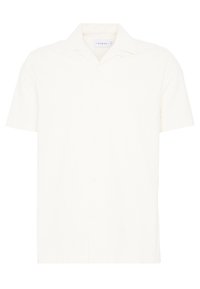Camicia a maniche corte con bottoni in tessuto off-white, caratterizzata da un colletto a campagna, orlo dritto e una superficie liscia senza motivi o accentuazioni visibili.