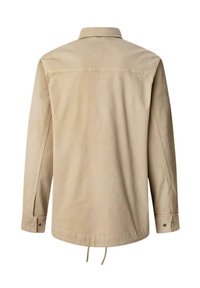 Giacca in tela beige con colletto, maniche lunghe, polsini con bottone e orlo con elastico. Texture liscia e design minimal.