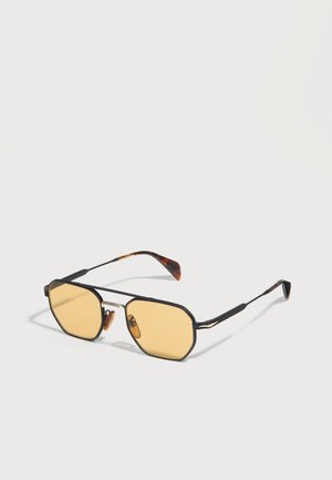 Black metal-framed sunglasses with yellow-tinted rectangular lenses and tortoiseshell-patterned temple tips on a white background.
