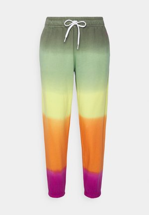 Pantalones deportivos casuales con cintura elástica y cordón blanco, con rayas horizontales degradadas en verde, amarillo, naranja y púrpura.