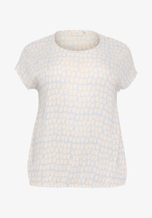 Világoskék anyagból készült, rövidujjú felső, krémszínű vonalakkal díszített texturált mintával. Kerek nyakkivágással és laza szabással, oldalsó sliccekkel.