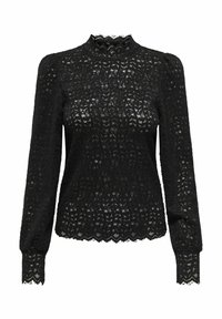 Juodas ilgomis rankovėmis viršus iš tekstūruoto nėrinio su aukštu kaklu, banguotu kraštu ir sudėtingu lapų raštu per visą audinį.