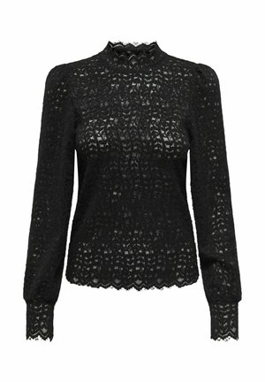 Czarna bluzka z długim rękawem wykonana z teksturowanej koronki, z wysokim dekoltem, falowanym dołem i misternym wzorem liści na całym materiale.