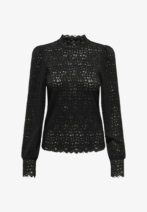 Mustast tekstuuriga pitsist pika varrukaga särk, millel on kõrge kaelus, laineline ääreosa ja keerukas lehemustriga kangas.