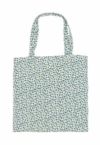 Blommig tote-väska i beige tyg, med små blå blommor och gröna blad. Två robusta handtag för enkel bärning, rektangulär form.