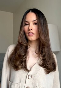 Beige cardigan med store knapper og lommedetaljer, båret over en lys topp. Mørkt, bølgete hår med en naturlig tekstur. En enkel pendelhalssmykke.