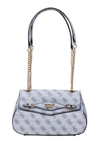 Sac à main designer bleu clair avec motif monogramme, anses en chaîne dorée, et fermeture à rabat avant avec petite boucle et plaque logo.
