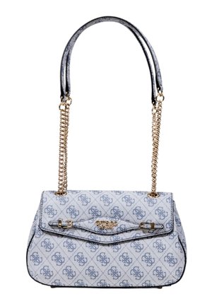 Sac à main designer bleu clair avec motif monogramme, anses en chaîne dorée, et fermeture à rabat avant avec petite boucle et plaque logo.