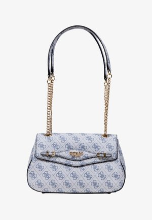 Hellblaues Designer-Handtäschchen mit Monogramm-Muster, goldenen Kettenriemen und einer Vorderklappe mit kleiner Schnalle und Logo-Plakette.