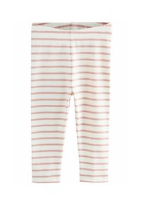 Witte leggings met dunne roze strepen, voorzien van een elastische tailleband en een zachte, textuurachtige stof.