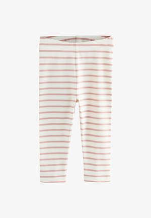 Leggings albe cu dungi subțiri roz, având un talie elastică și un material moale, texturat.