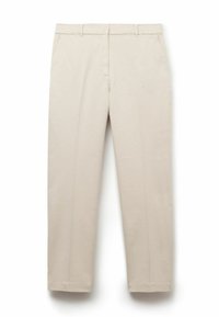 Jasno-beżowe spodnie o gładkiej fakturze, proste nogawki, kieszenie boczne i płaski przód. Posiadają szlufki na pasek w talii.